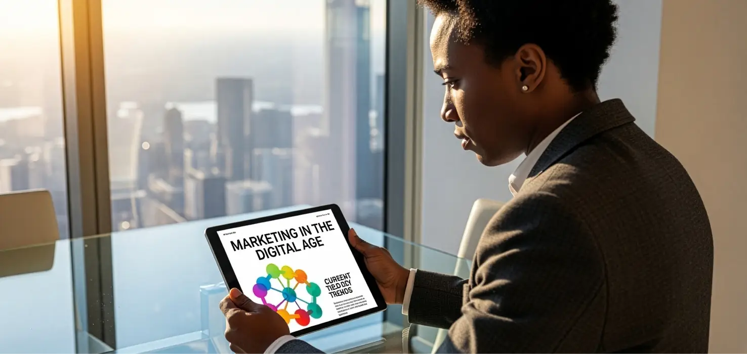 Professional using a tablet displaying a modern online marketing growth strategy presentation.