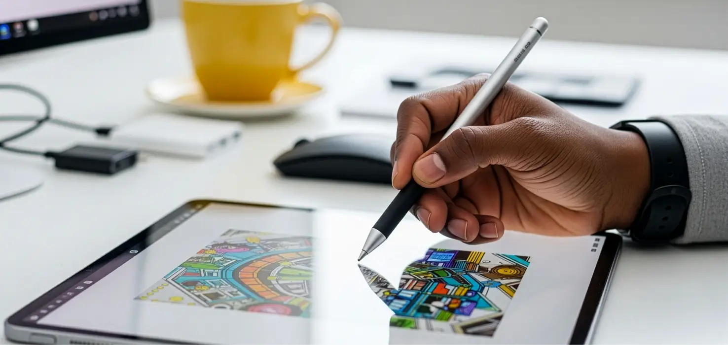 Close-up of a designer's hand using a digital stylus pen to draw a colorful illustration on a tablet.