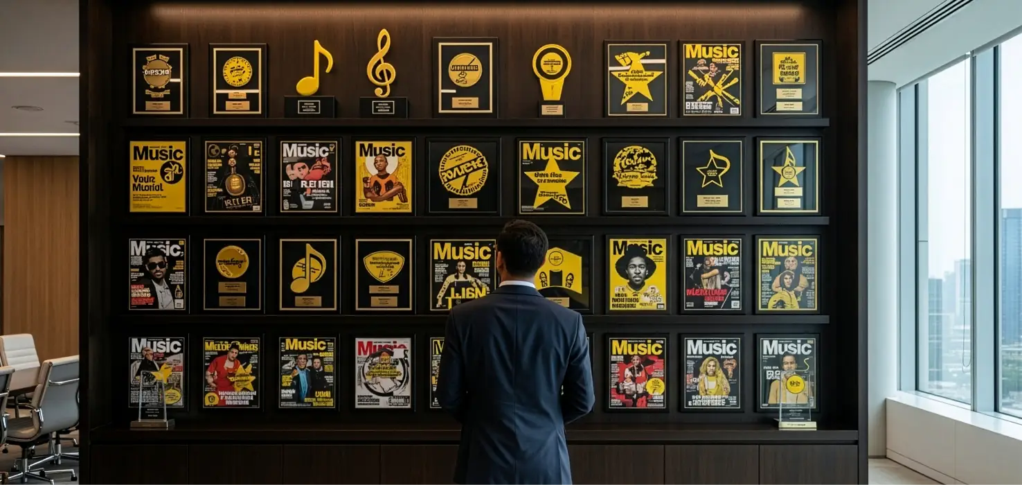 Man in a business suit looking at a large display wall filled with music awards and magazine covers.