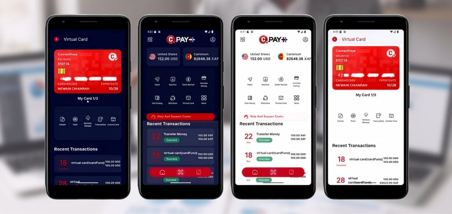 Four smartphones displaying a mobile wallet app with virtual cards and transaction history.