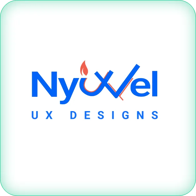 Nyuvel UX Designs brand logo featuring blue stylized text with a small red flame icon.
