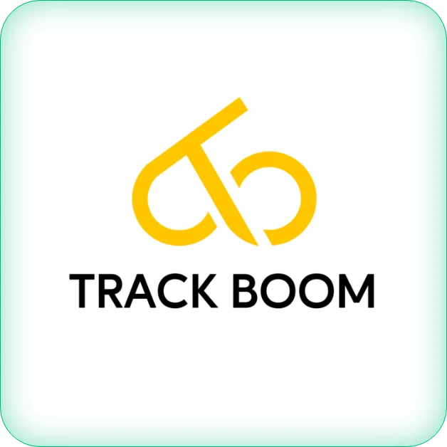 Track Boom brand logo with a yellow interlocking T and B abstract design above bold black text.