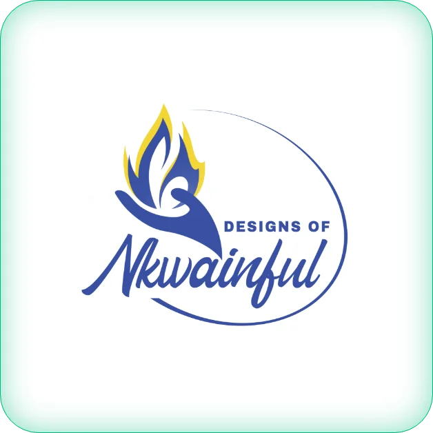 Blue and yellow logo featuring a hand holding a flame with the text Designs of Nkwainful.