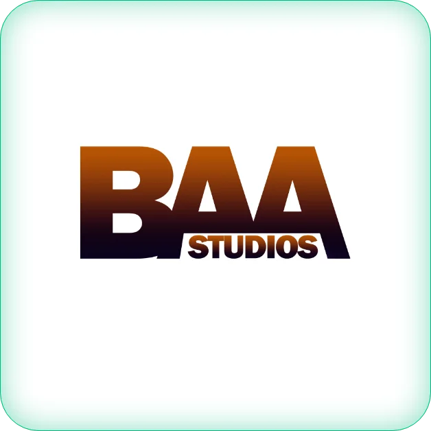 BAA STUDIOS text logo with a bold orange and dark brown gradient design on a white background.