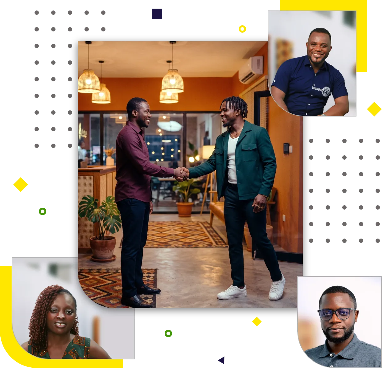 Modern media team collage showing professionals smiling, shaking hands, and collaborating in an office.
