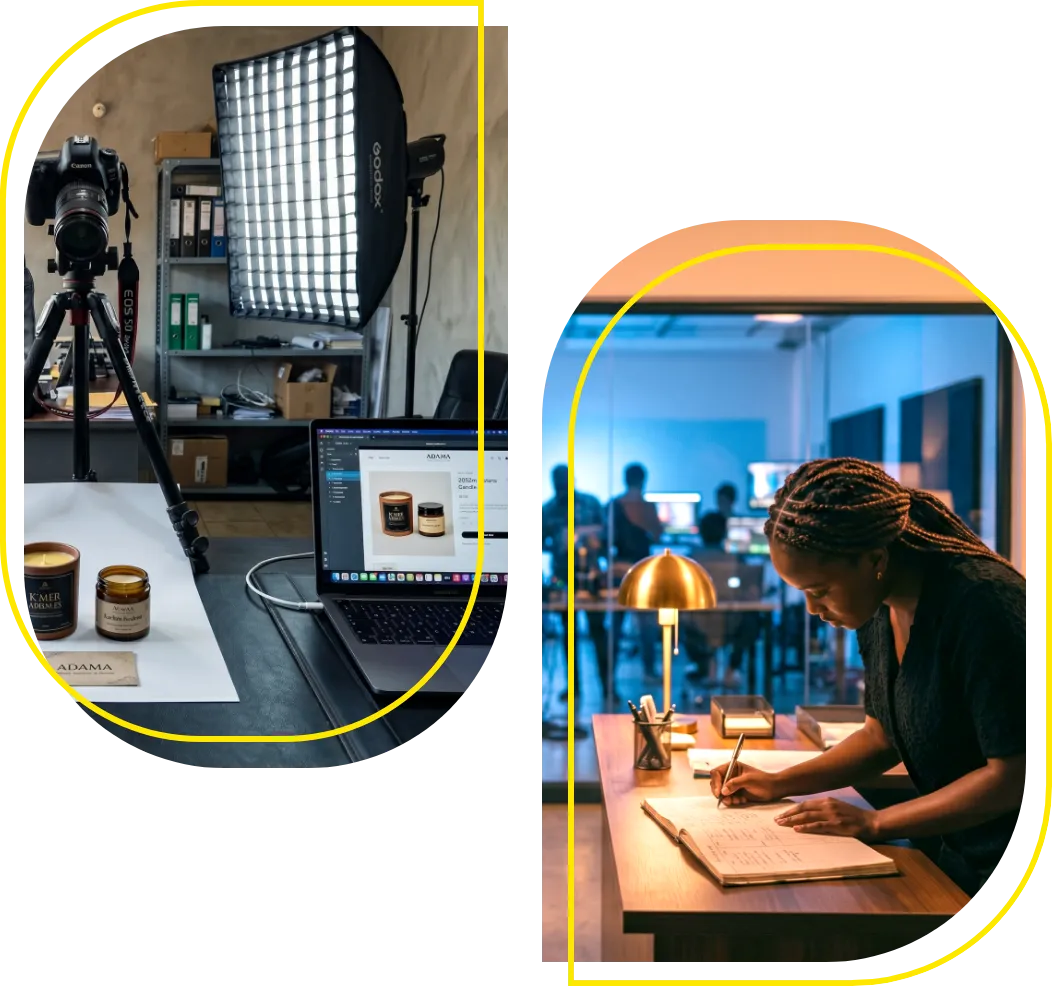 Arched frames showing a product photography studio setup alongside a woman working at a modern office desk.